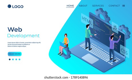 Web development.Software development.People work with software code on a laptop screen.Application development.The template of the landing page.Isomeric vector illustration.