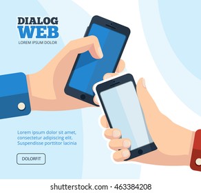 Web dialog, chatting. vector pictures set of two hands with smartphones. Pictures with place for your personal design on the screen. Isolate on white background