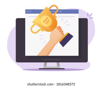 Web digital award online on internet vector, electronic website winner prize achievement, victory golden cup trophy flat cartoon, concept of championship competition gift, contest challenge win - Shutterstock ID 1816348373