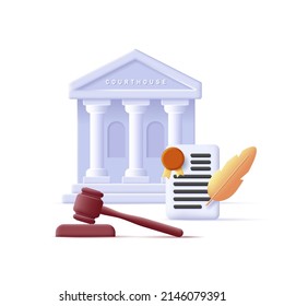 Web digital icon of a court building with document and judge hummer. Vector illustration, isolated