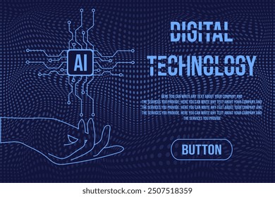Diseño de Plantilla de Anuncio de discordia de Web con microchip de computadora de efecto neón de moda en la mano. Fondo de tecnología de onda 3D de moda. EPS 10