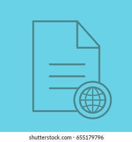 Web document color linear icon. Document with globe model. Thin line outline symbols on color background. Vector illustration