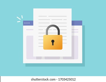 Documento web seguro acceso confidencial en línea en el sitio web Internet vector aislamiento o protección de bloqueo de la privacidad digital en archivo de texto icono plano, concepto secreto privado de datos electrónicos padlock moderno