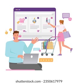 Web E Commerce illustration concept. Office man working on laptop to create website. Business people character vector design. 