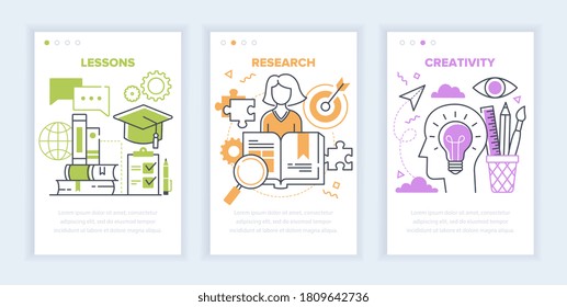 Web Education or e-learning concept showing three templates with Classes, Research and Creativity on a mobile device, colored vector illustration with copy space for text