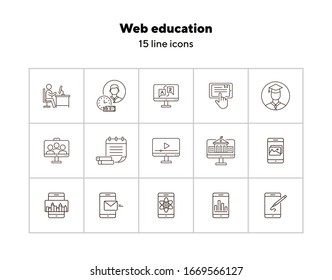 Web education line icon set. Computer, tutorial, lesson. Online course concept. Can be used for topics like knowledge, university, e-learning
