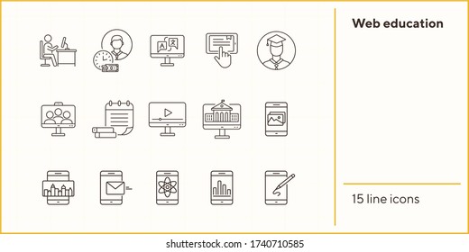 Web education line icon set. Computer, tutorial, lesson. Online course concept. Can be used for topics like knowledge, university, e-learning