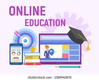Web-Bildung, Online-Ausbildung, Professor unterrichtet im Internet. Fremdsprachen lernen. Vektorillustration Illustration für Social Media Marketing und Blogging.