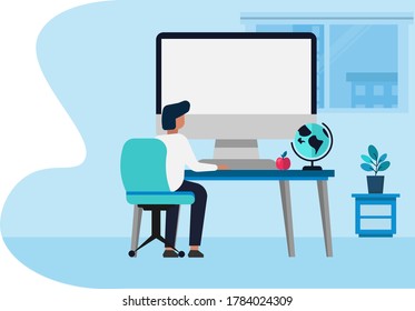 Web Education. Student Guy At Computer Learning Online Using Educational Website Sitting Indoor, Blue Background. Panorama With Free Space, Illustration