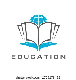 Icono o pictograma abstracto del libro de texto de la educación del Web. Insignia gráfica del libro de educación de la academia, sello de Vector de literatura universitaria o universitaria. Emblema de la escuela en línea con las manos que sostienen el libro abierto y el globo