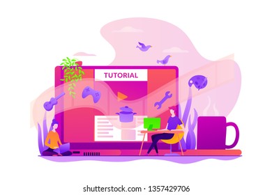 Web educational video, online courses and training, e-learning tutorial and video blogging concept. Vector isolated concept illustration with tiny people and floral elements. Hero image for website.