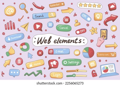 Web elements cute stickers set in flat cartoon design. Collection of button, settings, email, megaphone, login, home, data, diagram and other. Vector illustration for planner or organizer template