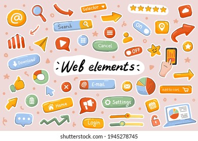 Web elements cute stickers template set. Bundle of site navigation, menu buttons, setting, mobile and computer page interface symbols. Scrapbooking objects. Vector illustration in flat cartoon design