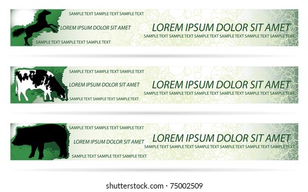 Web elements farm animal banners on modern clean background with silhouette