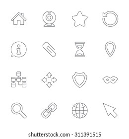Web elements icons. Paperclip, video camera and information speech bubble. Database, anonymous mask and secure shield. Outline line icons on white background. Vector