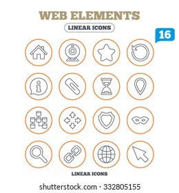 Web elements icons. Paperclip, video camera and information speech bubble. Database, anonymous mask and secure shield. Circle buttons on white. Vector
