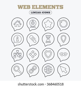 Web elements icons. Paperclip, video camera and information speech bubble. Database, anonymous mask and secure shield. Linear icons in speech bubbles.
