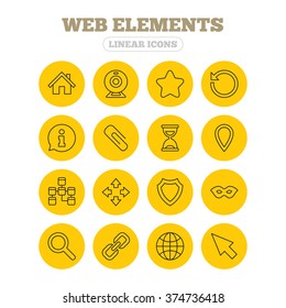 Web elements icons. Paperclip, video camera and information speech bubble. Database, anonymous mask and secure shield. Linear icons on yellow buttons.