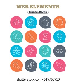 Web elements icons. Paperclip, video camera and information speech bubble. Database, anonymous mask and secure shield. Flat speech bubbles with linear icons. Vector