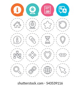 Web elements icons. Paperclip, video camera and information speech bubble. Database, anonymous mask and secure shield. Information, question and answer icons. Web camera, report signs. Vector