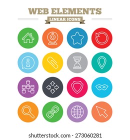 Web elements linear icons set. Paperclip, video camera and information speech bubble. Database, anonymous mask and secure shield. Thin outline signs. Flat circles vector