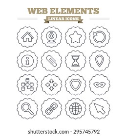 Web elements linear icons set. Paperclip, video camera and information speech bubble. Database, anonymous mask and secure shield. Thin outline signs. Flat vector