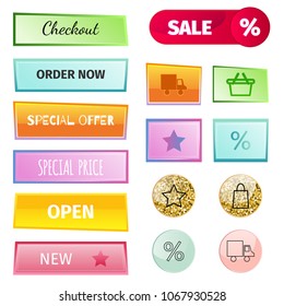 Web elements shop buttons buy element cart business banner symbol navigation menu online chart discount market retail store vector.