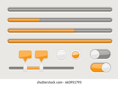 Web elements - sliders, toggle switch buttons. Orange and gray signs. Vector 3d illustration