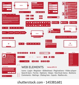 Web elements template | icon login register slideshow pagination video player search bar form options steps vertical menu buttons comments icons ratings dialog box input radio | icon pack | vector set