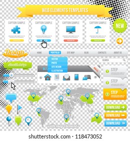 Web Elements Template, Icons, Slider, Banner and Buttons. Vector Map with Marks.