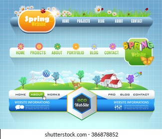 Web Elements Vector Horizontal Header Design. Navigation Templates Set Eco and Spring Theme