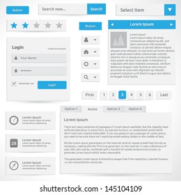 Web Elements - Vector Template Design - Silver Color With Blue | Icons Search Button Ratings Login Box Dropdown Menu Options Select Box Slider