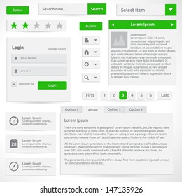 Web Elements - Vector Template Design - Silver Color With Green | Icons Search Button Ratings Login Box Dropdown Menu Options Select Box Slider