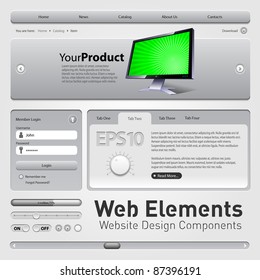 Web Elements Website Design Components Gray: Buttons, Form, Slider, Scroll, Icons, Tab, Menu, Navigation Bar, Bread crumbs