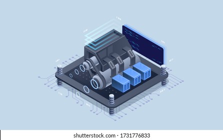 Web engine, programming tools. Software development. Technology visualization. Vector isometric illustration.