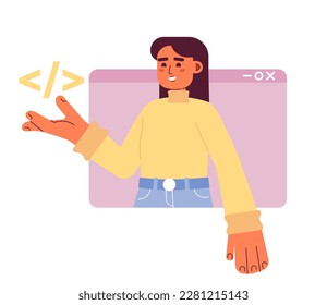 Web engineer building website code flat concept vector spot illustration. Editable 2D cartoon character on white for web design. Programmer in webpage creative idea for website, mobile, magazine