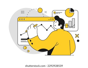 Web engineer or designer building website. Employee working on project showing presentation on board. Charts and statistics. Vector in flat cartoon illustration