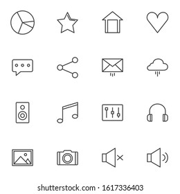 Web essentials line icons set. UI linear style symbols collection outline signs pack. vector graphics. Set includes icons as data storage diagram, homepage, favorite bookmark, share link, email, sound