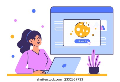 Web file cookie concept. Young girl on laptop looks at website page. Modern technologies and digital world, internet. Online information and webpage. Cartoon flat vector illustration