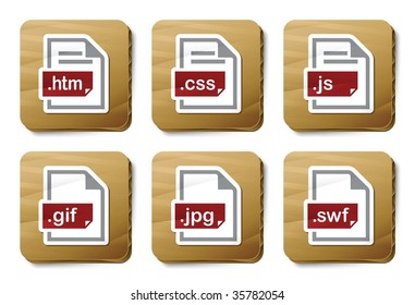 Web files icons. Vector icon set. Three color icons on cardboard tags.