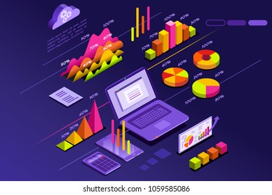 Web finance success, isometric design with isometric laptop vector icon, isometric violet blue web template.