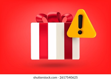 Web fishing concept. Gift box with red ribbon and exclamation sign. 3d vector illustration