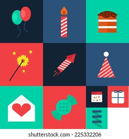 Web flat icon set with party and birthday elements
