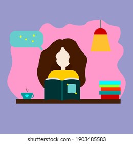 Web Flat illustration of reading, study, education. Girl, woman with books and tea cup.