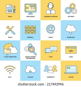Web flat line icons set isolated with blog design technical support isolated vector illustration