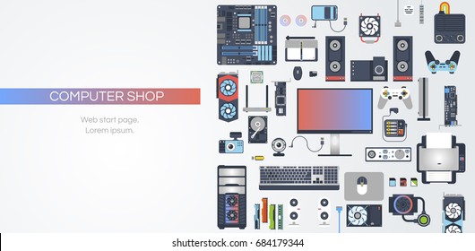 Web flat vector banner on the theme: assembling a desktop computer, buy computer, computer components. Vector set.  Modern simple and clean design.