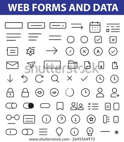 Web Form and Data Icons,  Text Field, Dropdown, Checkbox, Email, Upload, Submit, and More, Provided in Editable EPS, JPG Formats

