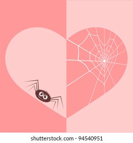 Web in the form of heart and an enamored spider. A vector illustration by day of Valentine.