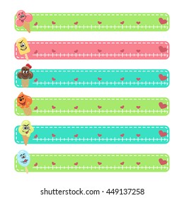 Web forum banners set with cartoon character ice cream and hearts. Vector illustration