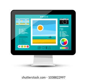 Web Gallery On Screen. Photo Editing Software On Computer Monitor. Vector Photography Page Design.